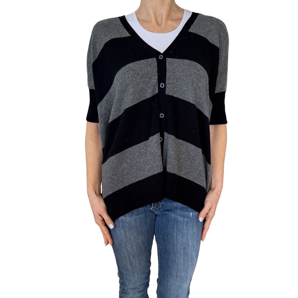 Wythe NY Cashmere Luxury Cardigan Sweater Dolman Short Sleeve Stripe Black S